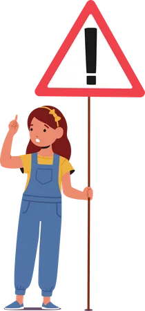 Cute Little Baby Girl Holding Road Sign With Exclamation Symbol  Illustration