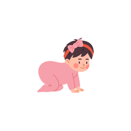 Cute little baby girl in overalls standing on all fours  Illustration