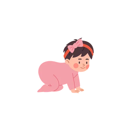 Cute little baby girl in overalls standing on all fours  Illustration