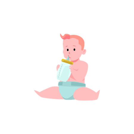 Cute little baby in diaper eats from a bottle with a nipple  Illustration