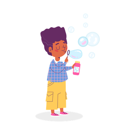 Cute little boy blowing soap bubbles  Illustration