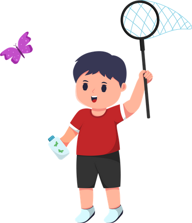 Cute Little Boy Chasing Butterflies  Illustration