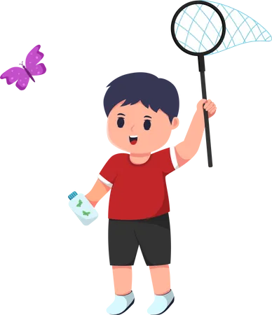 Cute Little Boy Chasing Butterflies  Illustration