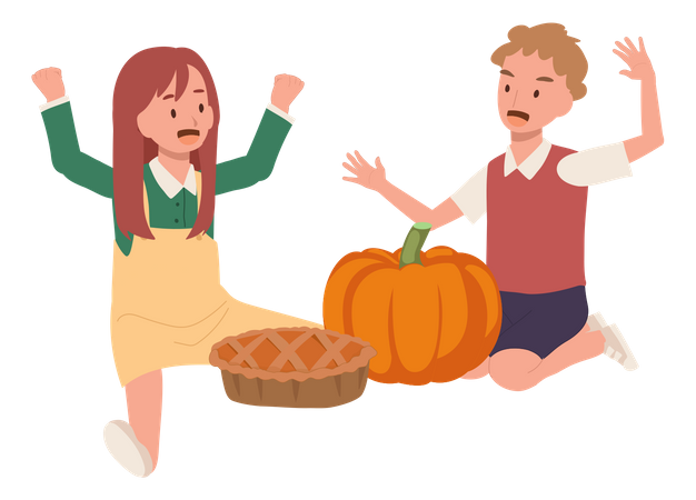 Cute Little Boy Girl Enjoy Thanksgiving Day With Pumpkin Pie  Illustration