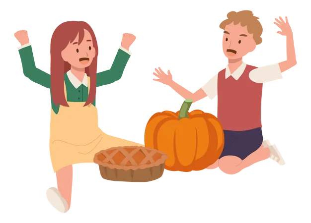 Thanksgiving Celebration With Adorable Kids Cute Little Boy And Girl Enjoy Thanksgiving Day With Pumpkin Pie Illustration