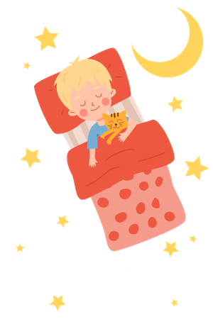 ベッドで寝ながら猫のおもちゃを抱きしめるかわいい男の子  イラスト