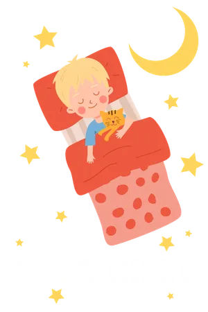ベッドで寝ながら猫のおもちゃを抱きしめるかわいい男の子  イラスト