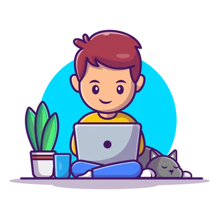 Cute little boy working on laptop  Illustration