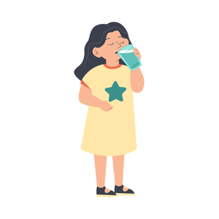 Cute little brunette girl stand front view and drink milk before her bed time  Illustration
