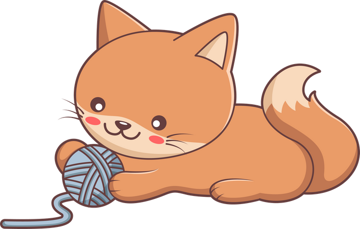 Cute Little Cat playing with yarn ball  Illustration