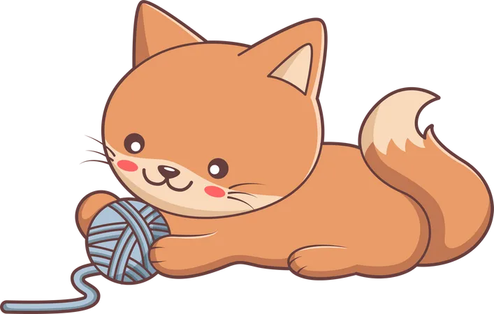 Cute Little Cat playing with yarn ball  Illustration