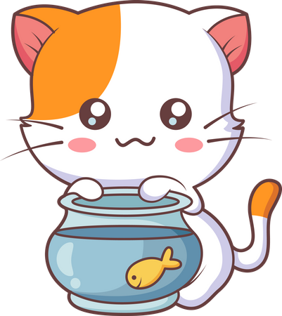 Cute Little Cat with fish bowl  Illustration