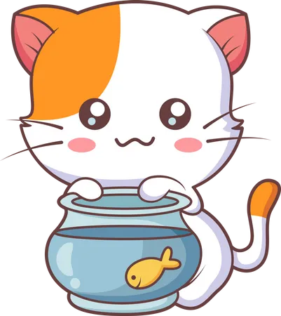 Cute Little Cat with fish bowl  Illustration