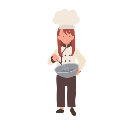 Cute Little Chef With Apron And Mixing Bowl Flat Vector Cartoon Illustration Illustration
