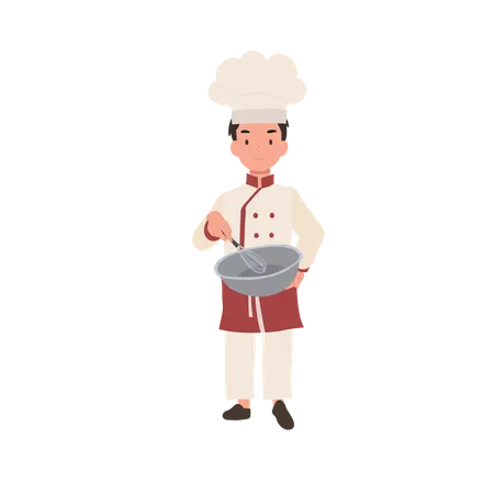 Cute little chef with apron and mixing bowl  イラスト