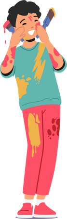 Cute Little Child Covered with Paints  イラスト