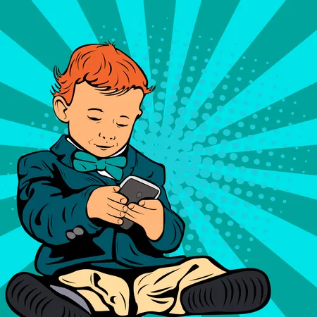 Cute little child is talking on his smartphone sitting in his business suit Illustration