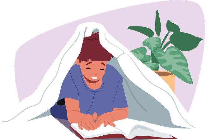 Cute little child reading paper book hiding under blanket in home bedroom  Illustration