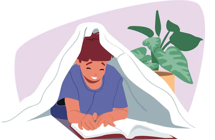 Cute little child reading paper book hiding under blanket in home bedroom  Illustration