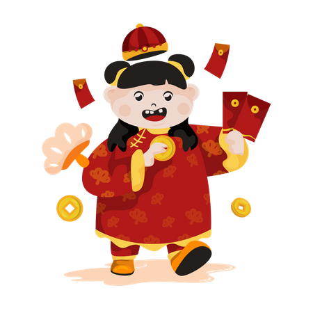 Cute little Chinese girl gets angpao  Illustration