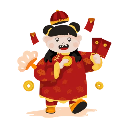 Cute little Chinese girl gets angpao  Illustration