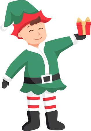 Cute Little Elf with Christmas Gift  Illustration