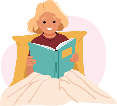 Cute little girl child  reading paper story book in cozy home bed before bedtime  Illustration