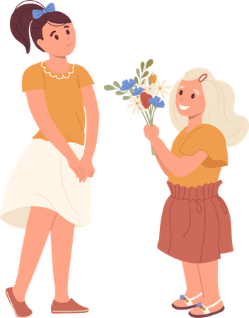 Cute little girl giving bouquet of flower to older sister congratulating her with birthday  Illustration