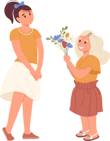 Cute little girl giving bouquet of flower to older sister congratulating her with birthday  Illustration