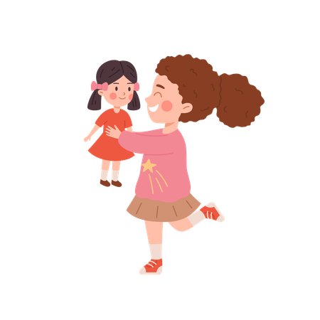 Cute little girl holding barbie doll happily  Illustration