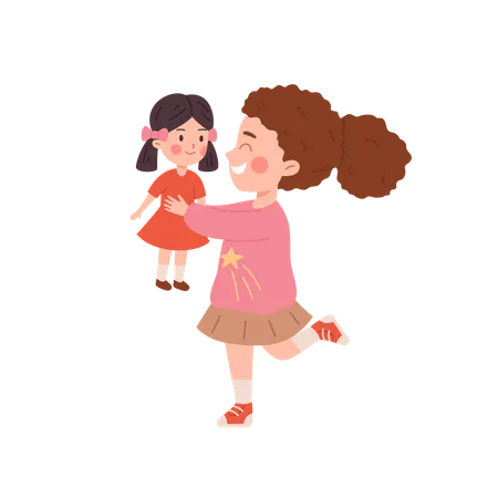 Cute little girl holding barbie doll happily  Illustration