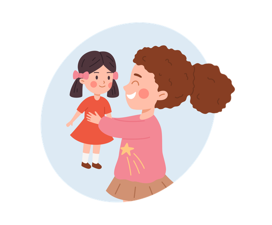 Cute little girl holding barbie doll kid plays with favorite toy  Illustration