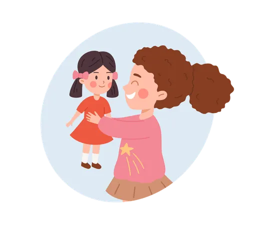 Cute little girl holding barbie doll kid plays with favorite toy  Illustration