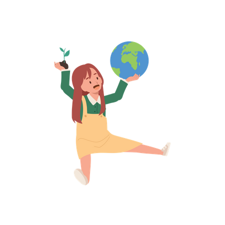Cute little girl holding earth and tree on her hands  Illustration