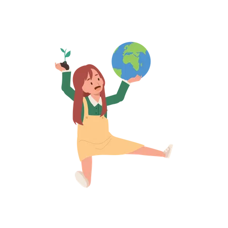 Eco Go Green Concept Cute Cartoon Little Young Girl Plant A Tree A Girl Holding Earth And Tree On Her Hands Illustration