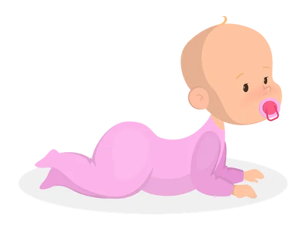 Cute little girl in the pink clothes crawling  Illustration