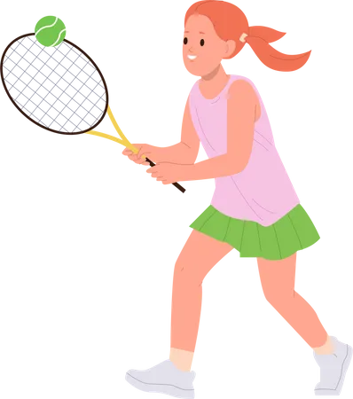 Cute Little Girl Child In Sports Uniform Playing Big Tennis Hitting Ball With Racket In Hand Isolated On White Athletic Sportive Kid Taking Part In Competition Match Or Enjoying Training Workout Illustration