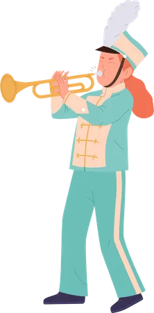Cute Talented Little Girl Military Orchestra Musician Cartoon Character Marching And Playing Melody On Trumpet Wind Instrument Performing Festival Vector Illustration Isolated On White Background Illustration