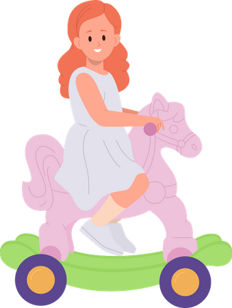 Cute little girl riding rocking horse  Illustration