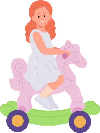 Cute Little Girl Child Cartoon Character Riding Rocking Horse Vector Illustration Isolated On White Background Playful Female Toddler Enjoying Kindergarten Recreation Activity Happy Childhood Illustration