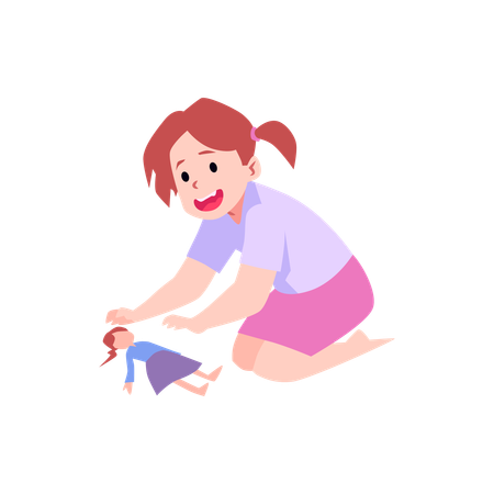 Cute little girl sitting and playing with pretty doll  Illustration