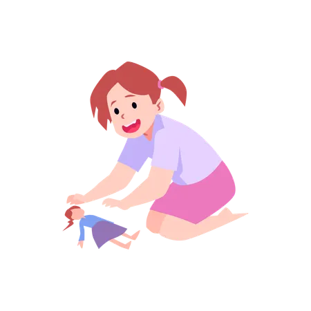 Cute little girl sitting and playing with pretty doll  Illustration