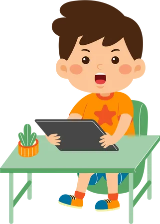 Cute little kid boy use graphic tablet  Illustration