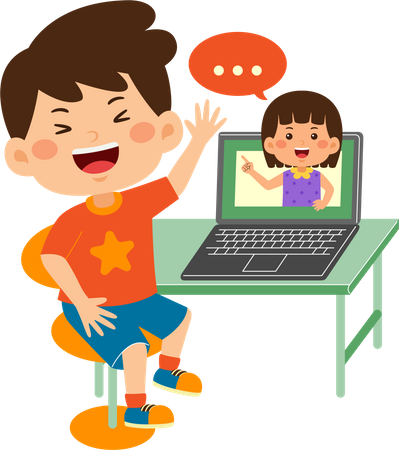 Cute little kid boy use laptop for video call  Illustration