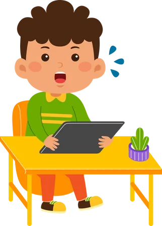Cute little kid boy use tablet  Illustration