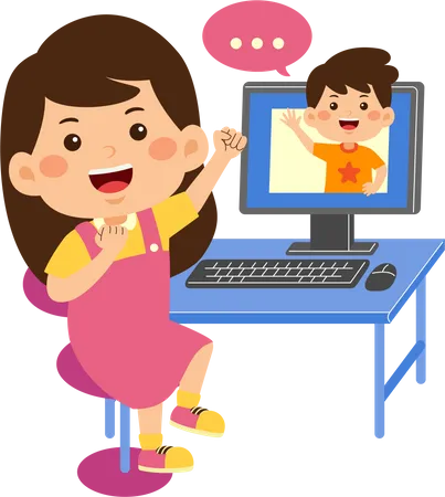 Cute little kid girl use computer for video call  Illustration