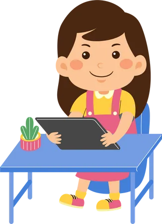 Cute little kid girl use graphic tablet  Illustration