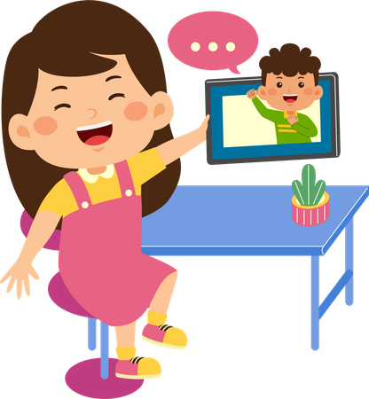 Cute little kid girl use graphic tablet doing video call  Illustration
