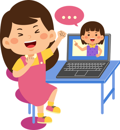 Cute little kid girl use laptop doing video call  Illustration