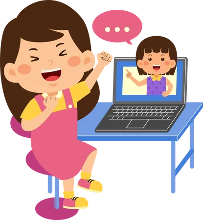 Cute little kid girl use laptop doing video call  Illustration